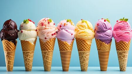 Selection of various bright multicolored ice-cream in ice cream cones - chocolate vanilla blueberry strawberry pistachio orange. Generative Ai