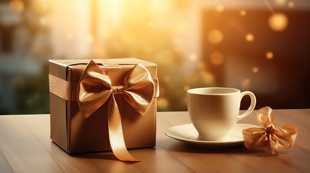 Gift Box Tie And Hot Coffee On Wooden Table With Sunlight, Fathers Day Concept. Generative Aiの素材