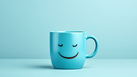 World smile day and International coffee day concept, happy face of blue coffee cup. Generative Aiの素材