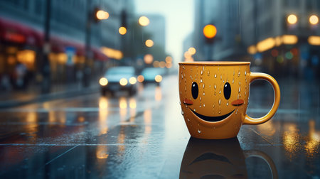 Happy Coffee Mug with smilely face on desk inside glass window, Blurred traffic. Generative Aiの素材