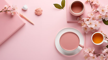 Blank cards with makeup products,macaroons,alarm clock,coffee cup and laptop. Generative Aiの素材