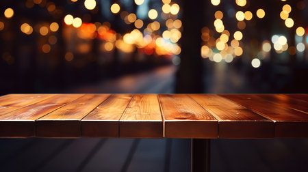 Wooden table with blurred restaurant scene. Generative Aiの素材