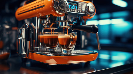 Close up view of modern espresso coffee machine making coffee in a cup. Generative Aiの素材