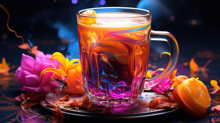 Close-up of female barista serving coffee on wooden chopping board at cafeteria. Generative Aiの素材