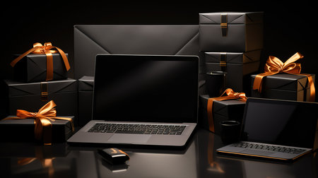 Creative composition of Black Friday Sale concept, Laptop, gift box, credit card. Generative Aiの素材