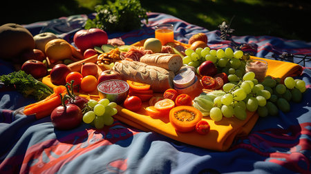Blanket with food prepared for summer picnic outdoors. Generative Aiの素材