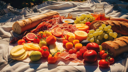 Fresh picnic meal on rustic blanket outdoors. Generative Aiの素材