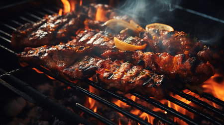 Grilled meat on metal plate glowing flame. Generative Aiの素材