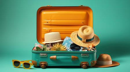 Hat sunglasses camera pair of sunglasses and palm leaf on blue background. Generative Aiの素材