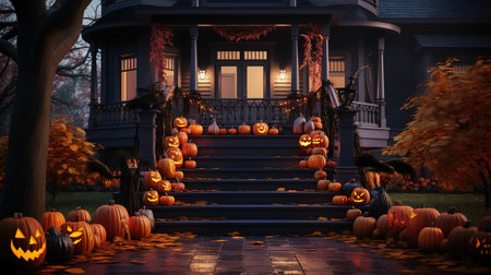 The porch of the house with steps decorated to halloween, Bright color. Generative Aiの素材