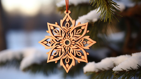 Closeup shot of a wooden flake on the christmas tree. Generative Aiの素材