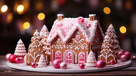 Decorated with icing gingerbread houses on the table, Christmas sweets. Generative Aiの素材