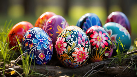 Decorated Eggs lay on grass prepared for Easter celebration, Bright color. Generative Aiの素材