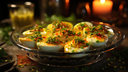 Fried hot boiled egg masala is a popular healthy breakfast or starter menu. Generative Aiの素材