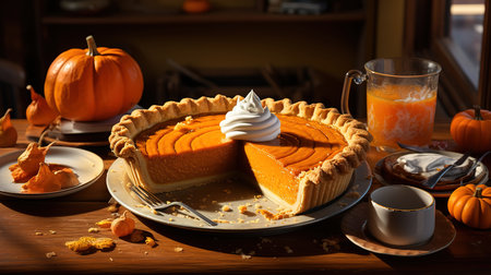 Top view pumpkin dishes and kitchen cloth. Generative Aiの素材