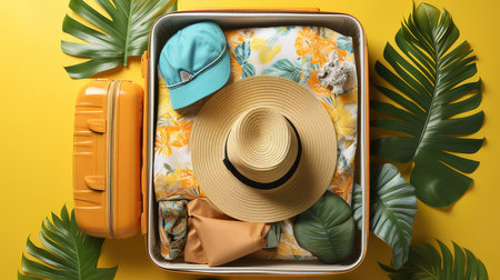 Dive into summer vacation vibes, Top view of a suitcase with beach gear, sunglasses. Generative Aiの素材