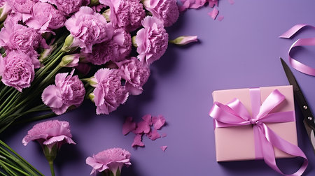 Envelope and self made greeting card concept with fresh carnation flowers. Generative Aiの素材