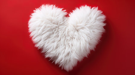 White heart made of wool on a red background, Valentines Day. Generative Aiの素材
