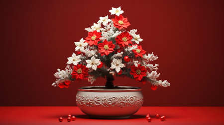 Realistic table decor, Christmas tree, Red BG, Bright color. Generative Aiの素材