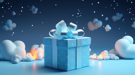Cute and creative blue gift box, clouds, blue ribbon, blue gift with white dots, smoke. Generative Aiの素材