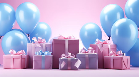Blue gift boxes on a pink background with ribbons and balloons in the background. Generative Aiの素材