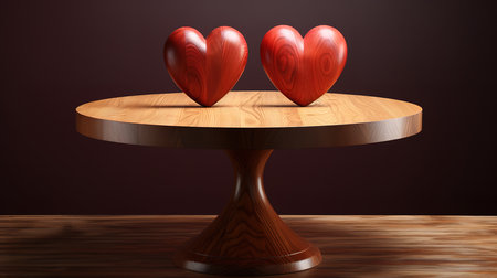 A table made of wood with two red hearts placed on top, Bright color. Generative Aiの素材