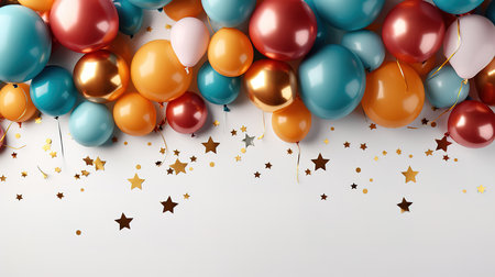 Colorful festive background frame made of colorful balloons and gold stars. Generative Aiの素材
