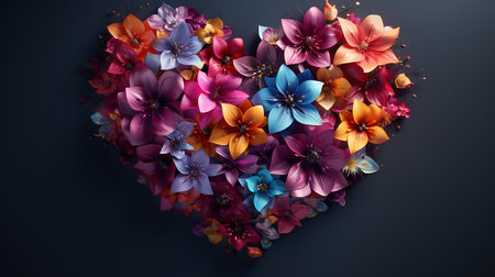 Heart made of beautiful flower petals on dark background, Flowers petals in the shape. Generative Aiの素材