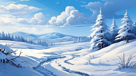 Flat winter landscape, Snow backgrounds, snowdrifts, snowfall, clear blue sky. Generative Aiの素材