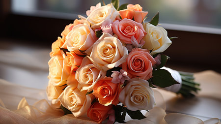 Simple Flower bouquet on a table, orange pink and white roses, few flowers. Generative Aiの素材