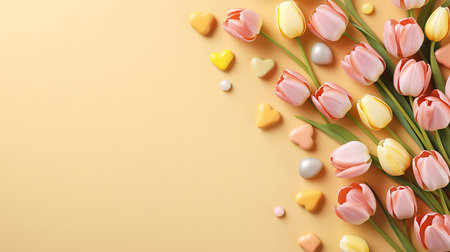 Mother's Day concept, Creative layout made of colorful tulips and small hearts baubles. Generative Aiの素材