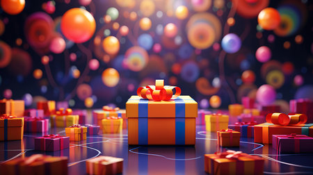 Gift wrapping paper and present box on festal backdrop, abstract 3D illustration. Generative Aiの素材