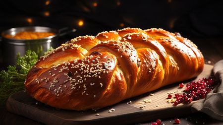 Freshly baked braided bread loaf on a dark tablecloth. Generative Aiの素材