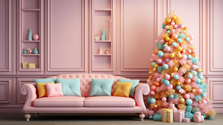 Vintage Style Living Room With Colorful Christma Tree,gift And Pink Sofa Rendering. Generative Aiの素材
