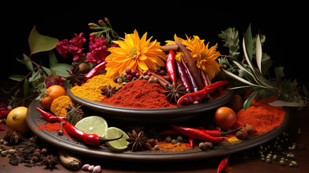 Assortment of oriental spices in wooden utensils isolated on a white background. Generative Aiの素材
