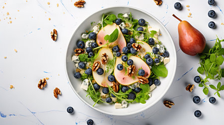Autumn salad with apples and walnuts on wooden table. Generative Aiの素材
