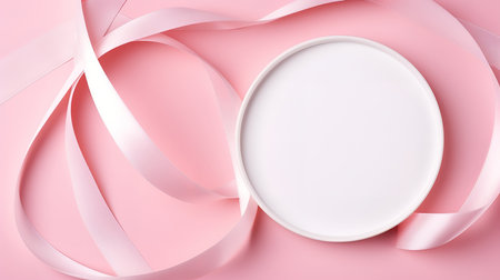 Top view photo of empty circle with pastel ribbons. Generative Aiの素材
