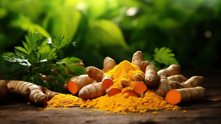 Turmeric (curcumin) powder and fresh rhizome with turmeric plant background. Generative Aiの素材