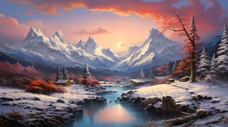 Drawn chill winter landscape wallpaper. Generative Aiの素材