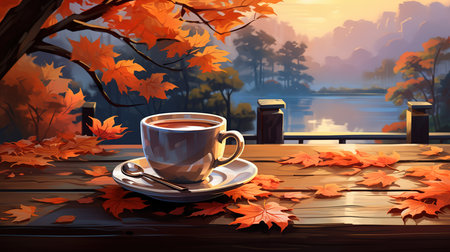 Border from mug and autumn symbols. Generative Aiの素材