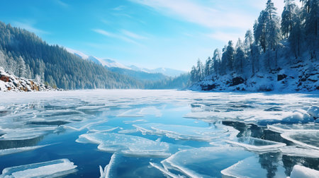 Blue ice and cracks on the surface of the ice, Frozen lake under a blue sky. Generative Aiの素材