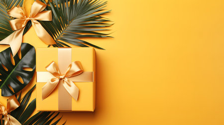 Gift box with golden bow on yellow background Top view. Generative Aiの素材