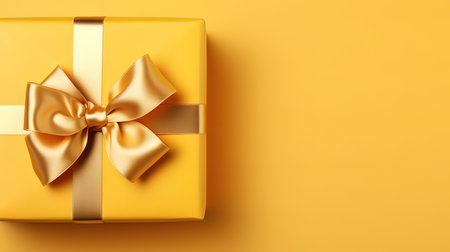 Gift box with golden satin ribbon and bow on yellow background, Holiday gift. Generative Aiの素材