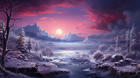 Snowfall on colorful sky background. Generative Aiの素材