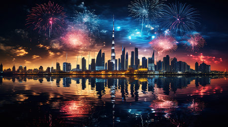 Vibrant city life ignites celebration with fireworks. Generative Aiの素材