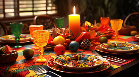 Flat table set for Kwanzaa celebration kwanzaa background. Generative Aiの素材