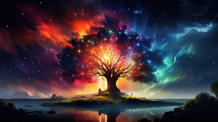 Fantasy tree in the night sky with stars and nebula. Generative Aiの素材