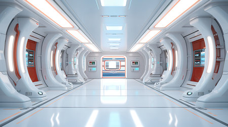 Smooth clean white futuristic interior, science fiction lab or space ship. Generative Aiの素材