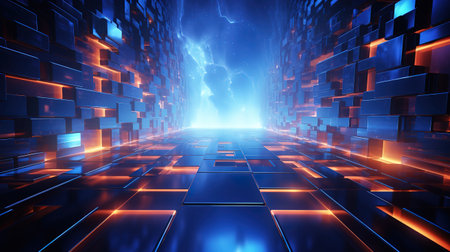 Futuristic science-fiction tunnel corridor with lines and neon blue and red lights. Generative Aiの素材