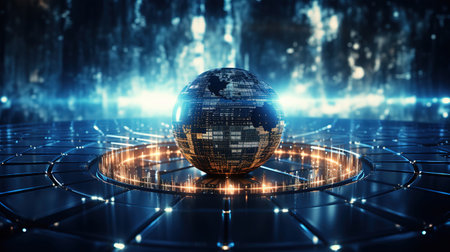 World binary circuit board future technology blue hud cyber security concept background. Generative Aiの素材